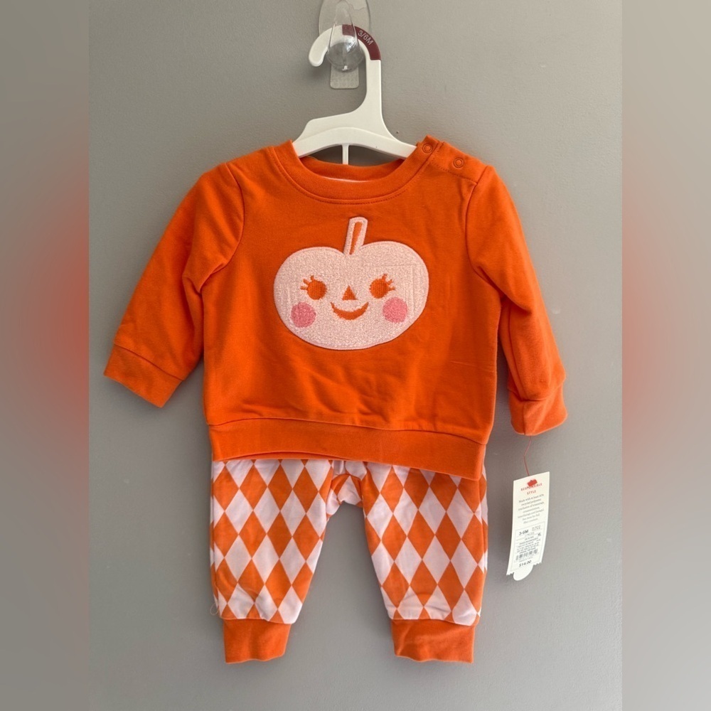Cat & Jack Baby Halloween Pumpkin Matching Set SZ 3/6M Orange White Argyle New